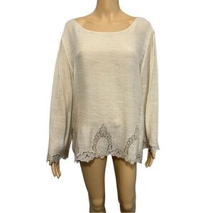 Adiva Round Neck Long Sleeve Semi-Sheer Lacy Crocheted Trimmed Blouse Size XL
